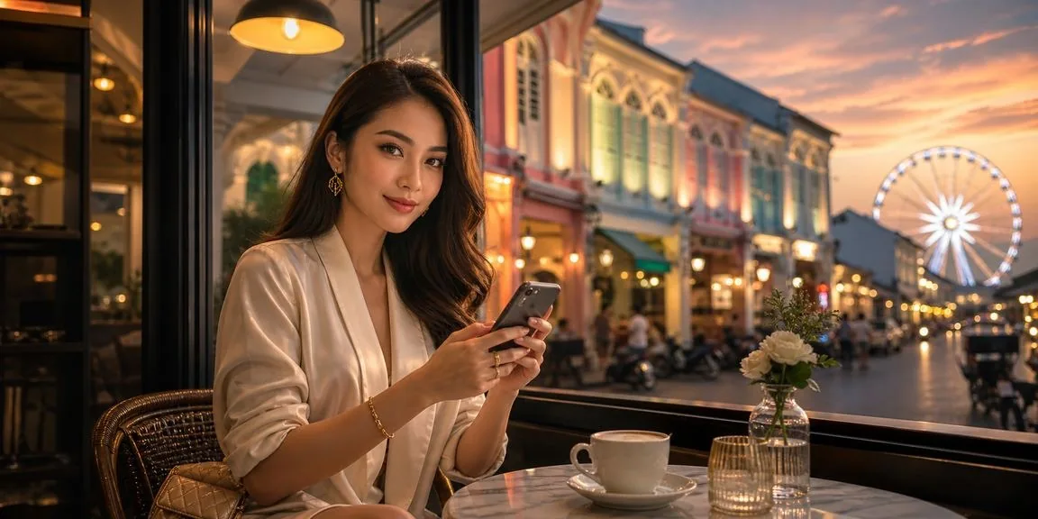 ภาพประกอบบุคคลดูโทรศัพท์ที่โต๊ะ
